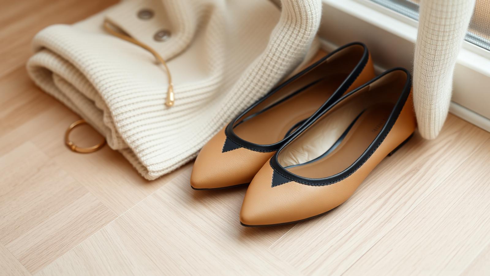 Beige Ballerinas mit schwarzer Kappe auf hellem Eichenboden neben cremefarbenem Strickpullover